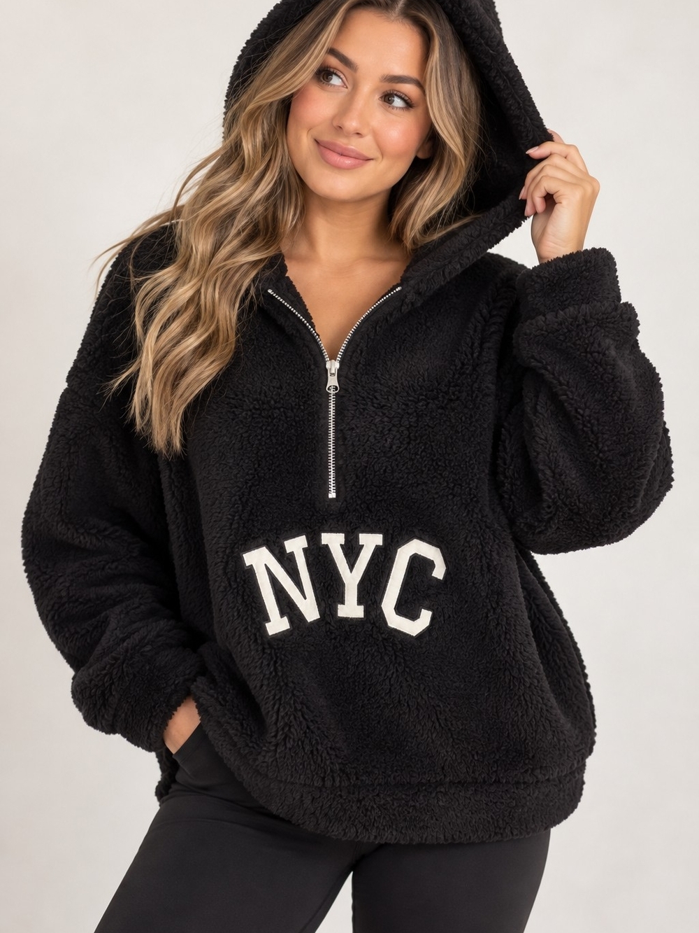 PrettyLittleThing NYC Teddy Sherpa Fleece Hoodie Womens Small Black 1/4 Zip Cozy